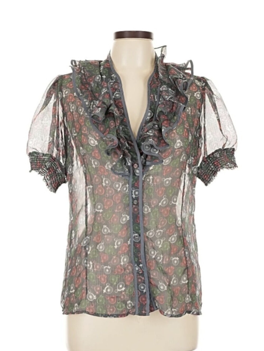 DownEast Sheer Floral Ruffle Blouse In whimsical Print
